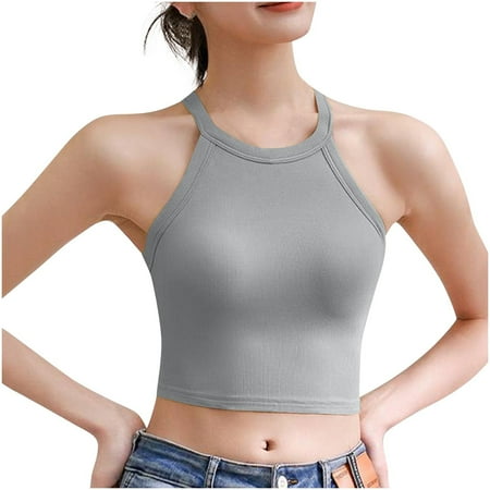 Women s Crop Sport Tank Top with Built in Bra Knitted Cotton Halter Neck Tank Sleeveless Backless Crew Neck Tank Top Summer Short Gym Yoga Vest