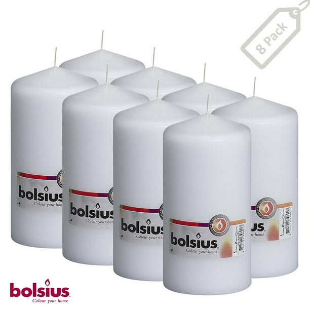 BOLSIUS White 3" x 6" Pillar Candles Unscented Dripless Set of 8