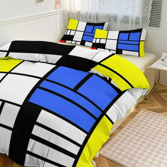 3 Pcs Soft Bedding Set, Includes 1 Duvet Cover with Zipper And 2 Pillow Shams,Modrian Inspired Composition with Red Blue And Yellow Essential Twin(86"x70")