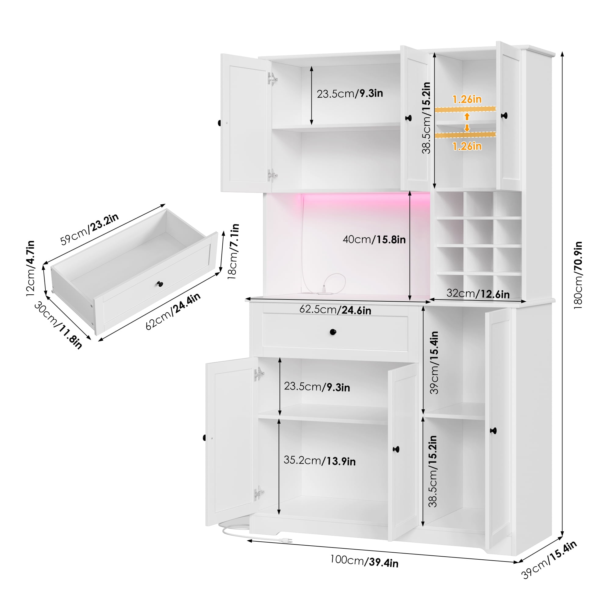 Hiphuta 71" Kitchen Pantry with 7-Color LED Light and Charging Station, Tall Pantry Cabinet with Microwave Stand, Modern Freestanding Hutch with Storage Drawer for Dining Room, White