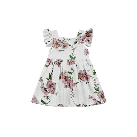 

Amuver Girl Dress Flower Pattern Printed Square Neck Ruffle Fly Sleeve Sleeveless One Piece Mini Skirt