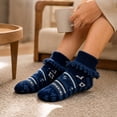 thumbnail image 4 of Adult Floor Slipper Socks Cable Knit Fleece Lined Thick Sock Slippers Indoor House Socks Warm Knit Bootie Socks Cozy Winter Home Footwear Non Slip Soft Plush Ankle Socks For Women Men (Navy), 4 of 4