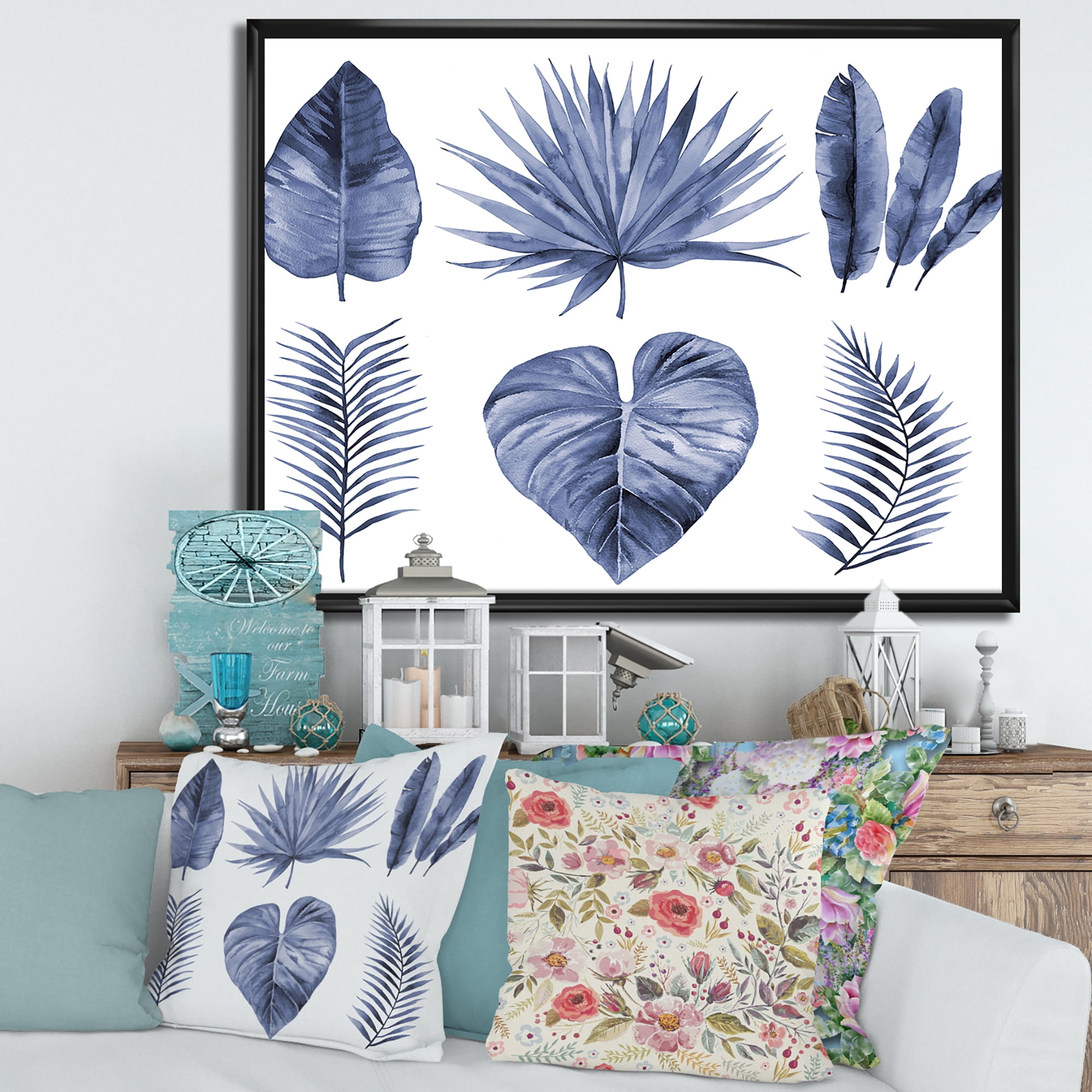 Designart 'Blue Watercolour Tropical Leaves IV' Traditional Framed Canvas Wall Art Print