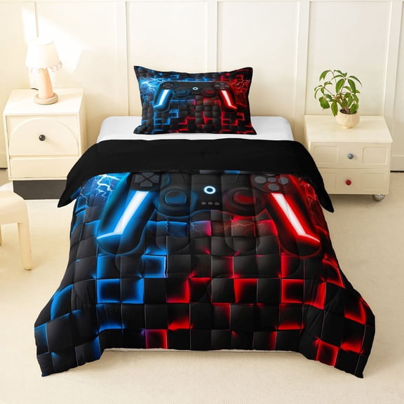 Homewish Glowing Neon Gaming Controller Twin Comforter Sets,Game Pad Theme Bedding Set,Blue Red,Black Reversible,2-Piece,1 Comforter and 1 Pillowcase