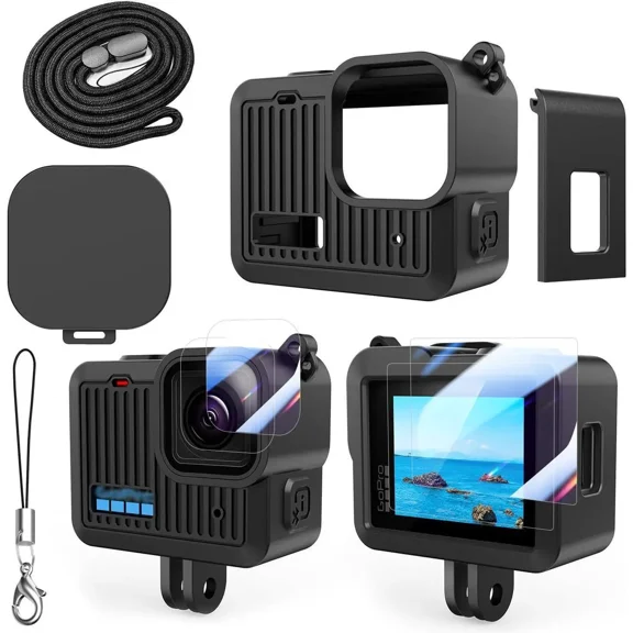 Accessories Kit Compatible with GoPro Hero 4K Action Camera Including Silicone Protective Case Tempered Glass Protective Film Lens Cap Lanyard and Battery Side Cover