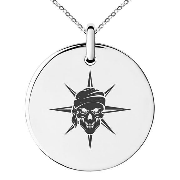 Tioneer Stainless Steel Pirate Skull Star Compass Engraved Small Medallion Circle Charm Pendant Necklace