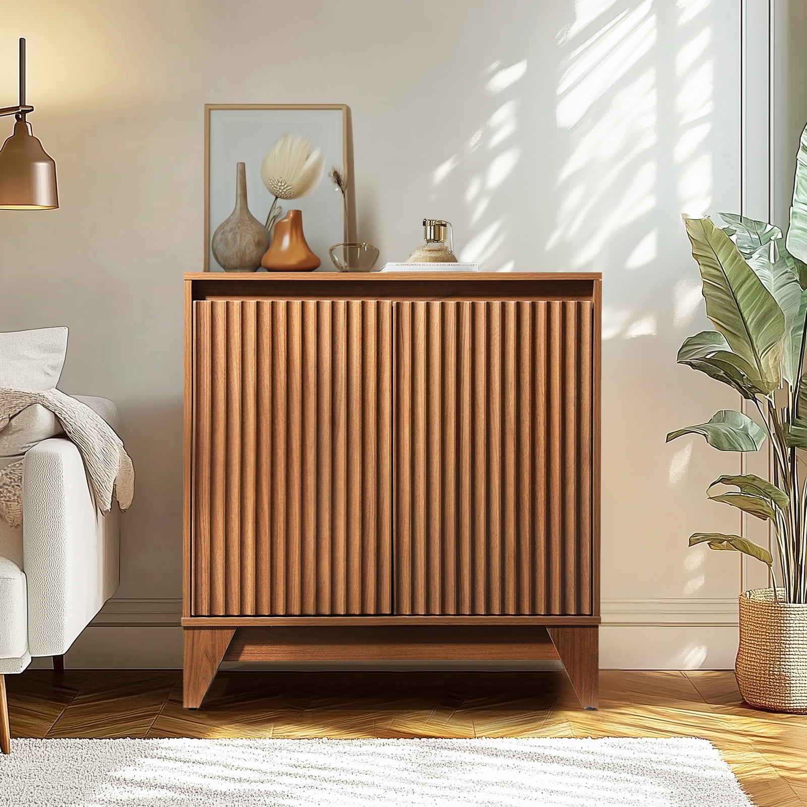 UPGO 31'' Modern Farmhouse Sideboard Buffet Cabinet with Storage, Fluted Panel Doors & Adjustable Shelves (brown)