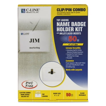 C-Line Name Badge Kits, Top Load, 4 x 3, Clear, Combo Clip/Pin, 50/Box