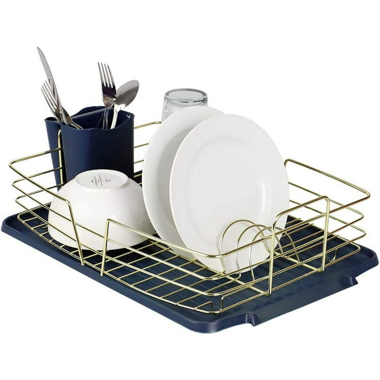 Michael Graves Design Deluxe Dish Rack with Gold Finish Wire and Removable  Dual Compartment Utensil Holder, White/Gold, KITCHEN ORGANIZATION