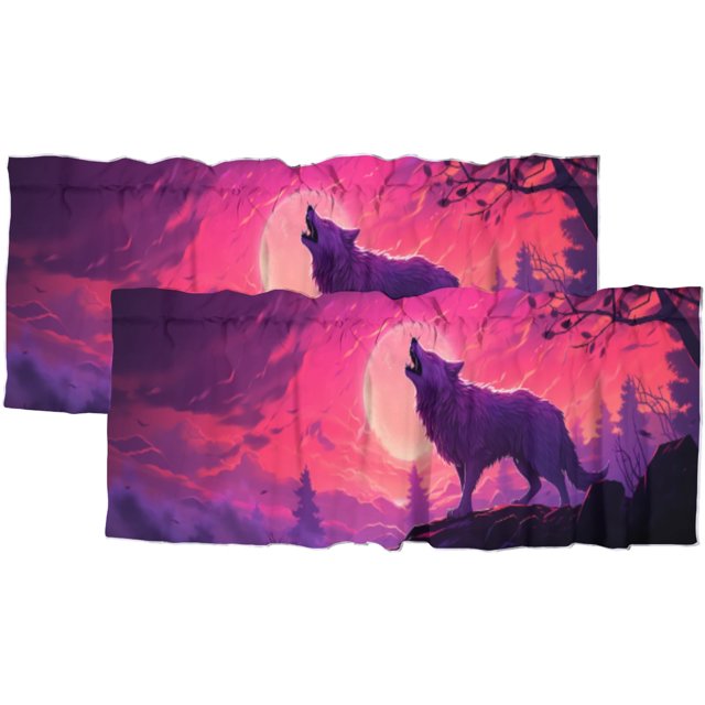 Cortinas de cocina con diseño de lobo, animales salvajes aullando bajo la luna, cielo estrellado morado, tratamiento de ventana para sala de estar, dormitorio, baño, 54 x 18 pulgadas, 2 paneles