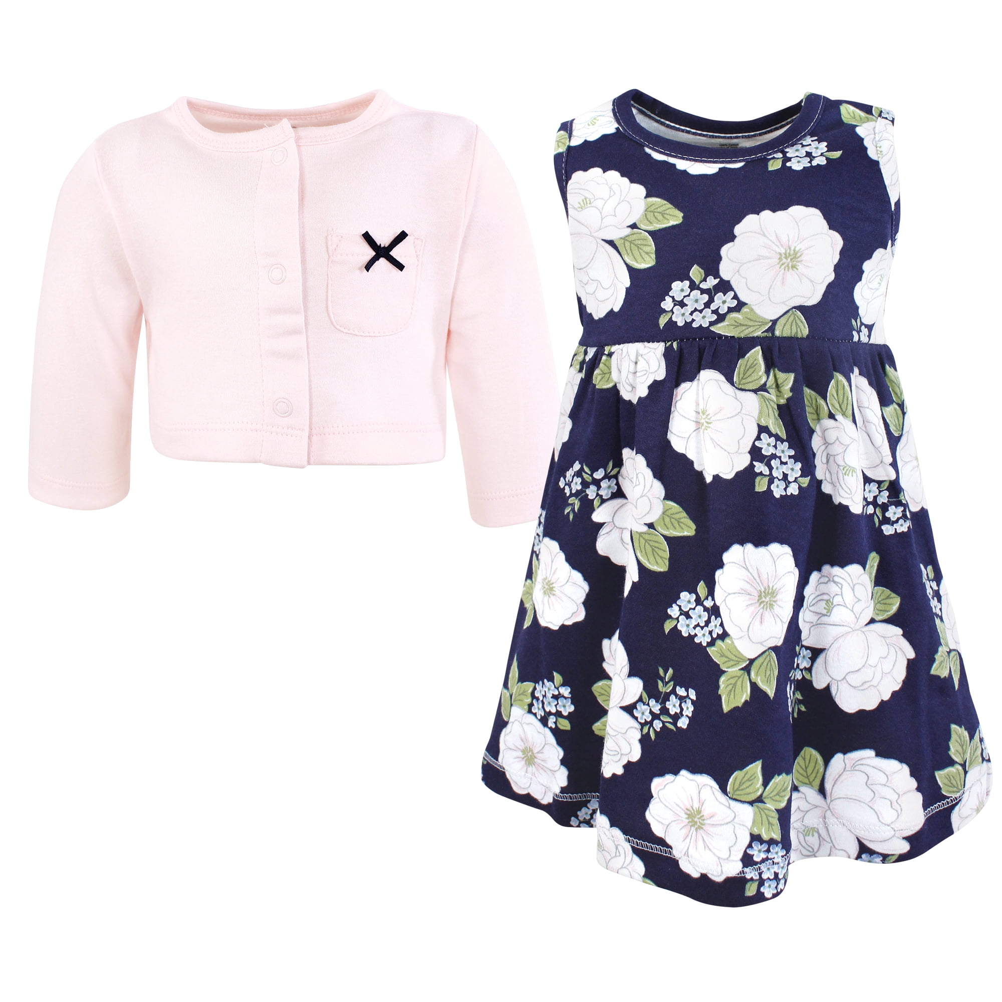 Hudson Baby Infant and Toddler Girls Cotton Dress and Cardigan Set, White Peonies, 3T