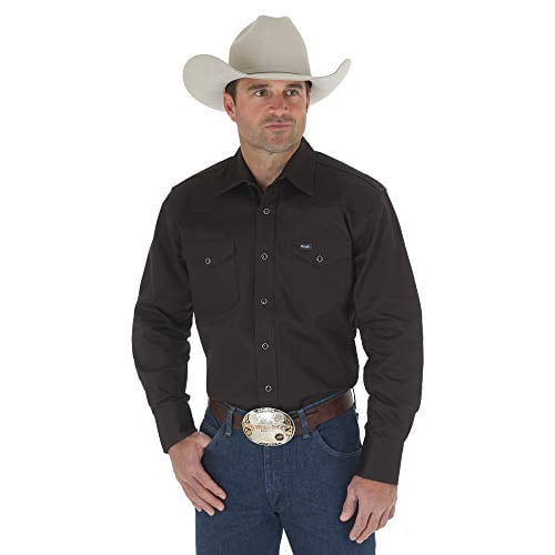 Wrangler Mens Cowboy Cut Western Two Pocket Long Sleeve Snap Work Shirt-Firm Finish 