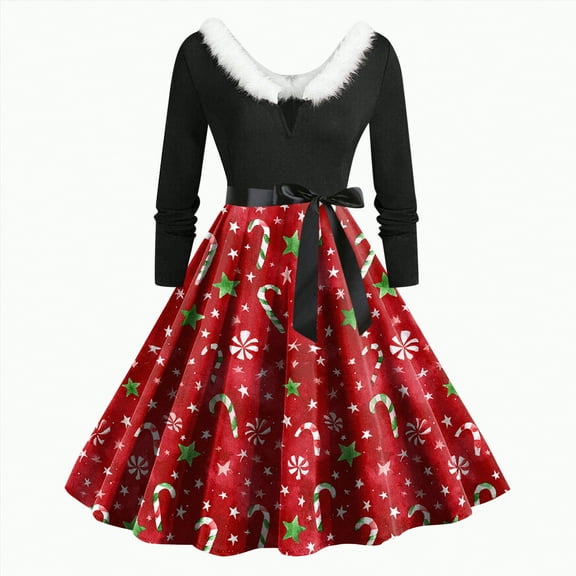 UngA Christmas Dress for Women Warm Fuzzy Fleece V Neck Long Sleeve Fall Winter Cocktail Dress Xmas Tree Flowy A Line Party Dresses for Women,Size XL