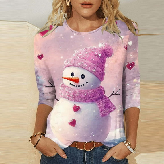 LEKWK Christmas 3/4 Sleeve Tops for Women Plus Size Funny Holiday Xmas Graphic Shirts Crewneck Dressy Casual Blouses Going Out T Shirt Fashion Family Party Outfits