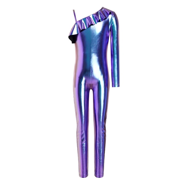 inlzdz Kids Girls Shiny Metallic Unitard Ruffle One Shoulder Full Body Jumpsuit Performance Dancewear Blue 10