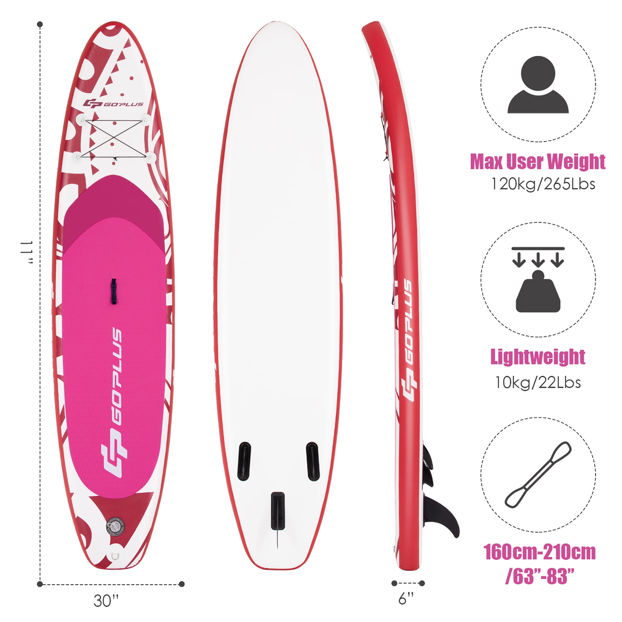 Goplus 11' Inflatable Stand Up Paddle Board SUP W/ Carrying Bag Aluminum Paddle Pink
