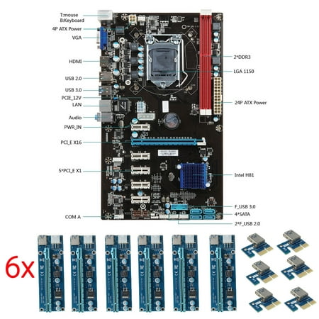 6 GPU Miner Mining Motherboard + 6Pcs USB 3.0 PCI-E Express 1x To 16x Extender Riser Card For BTC Eth Rig (Best Motherboard For Ethereum Mining)