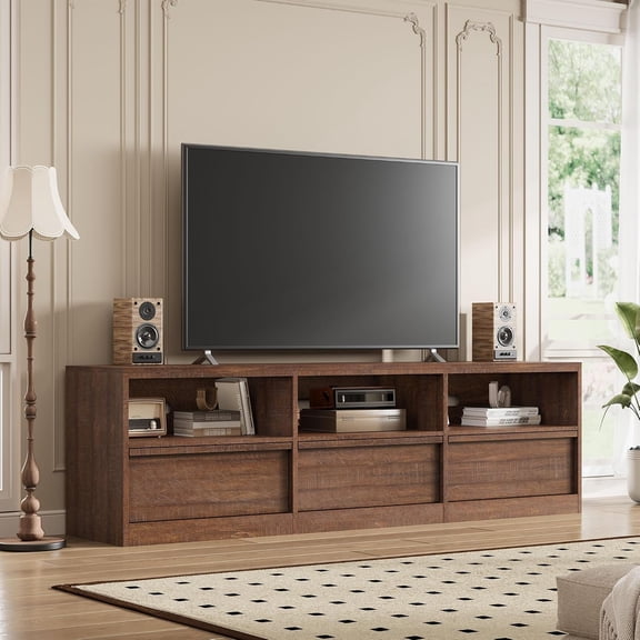 70 in TV Stand for 65-75 Inch TVs, Mid Century Industrial Entertainment Center with 3 Drawers, 3 Open Shelves and Cable Holes for Living Room, Bedroom,Brown
