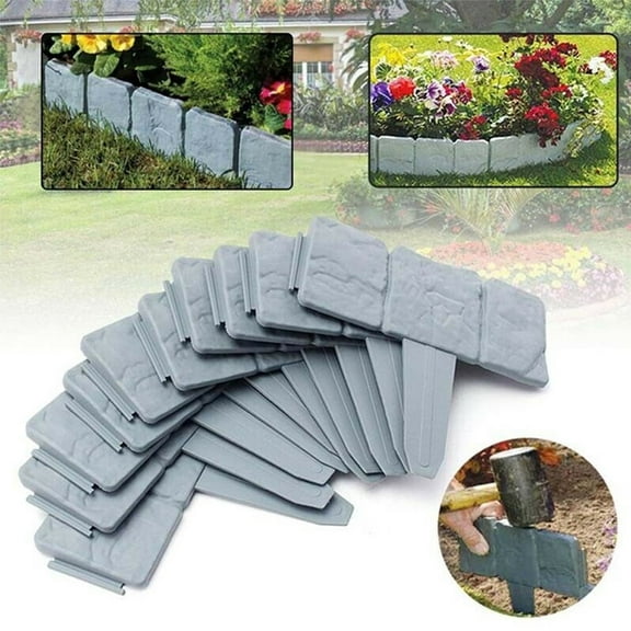 10 Pcs Garden Edging Border,Flower Bed Edging Borders,DIY Garden Fence Gray Imitation Stone Effect, Lawn Edging Plastic Plant Border for Lawn Yard Garden