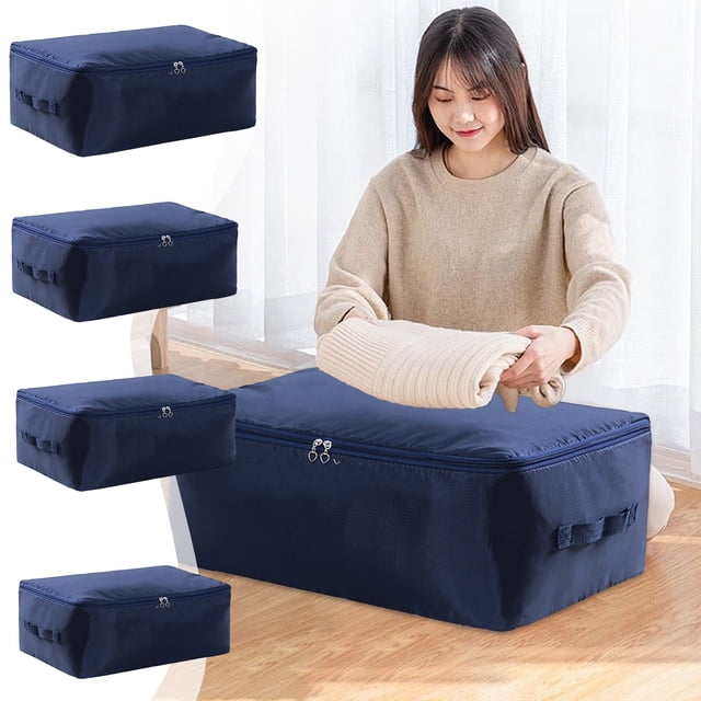 Xihbxyly Bolsa de Almacenamiento para Colchas, Organizador Resistente, Espaciosa Cremallera, Solución Versátil, Ideal para Ropa, Mantas y Juguetes, Fácil de Plegar, Azul Marino, 55 X 35 X 20 Cm