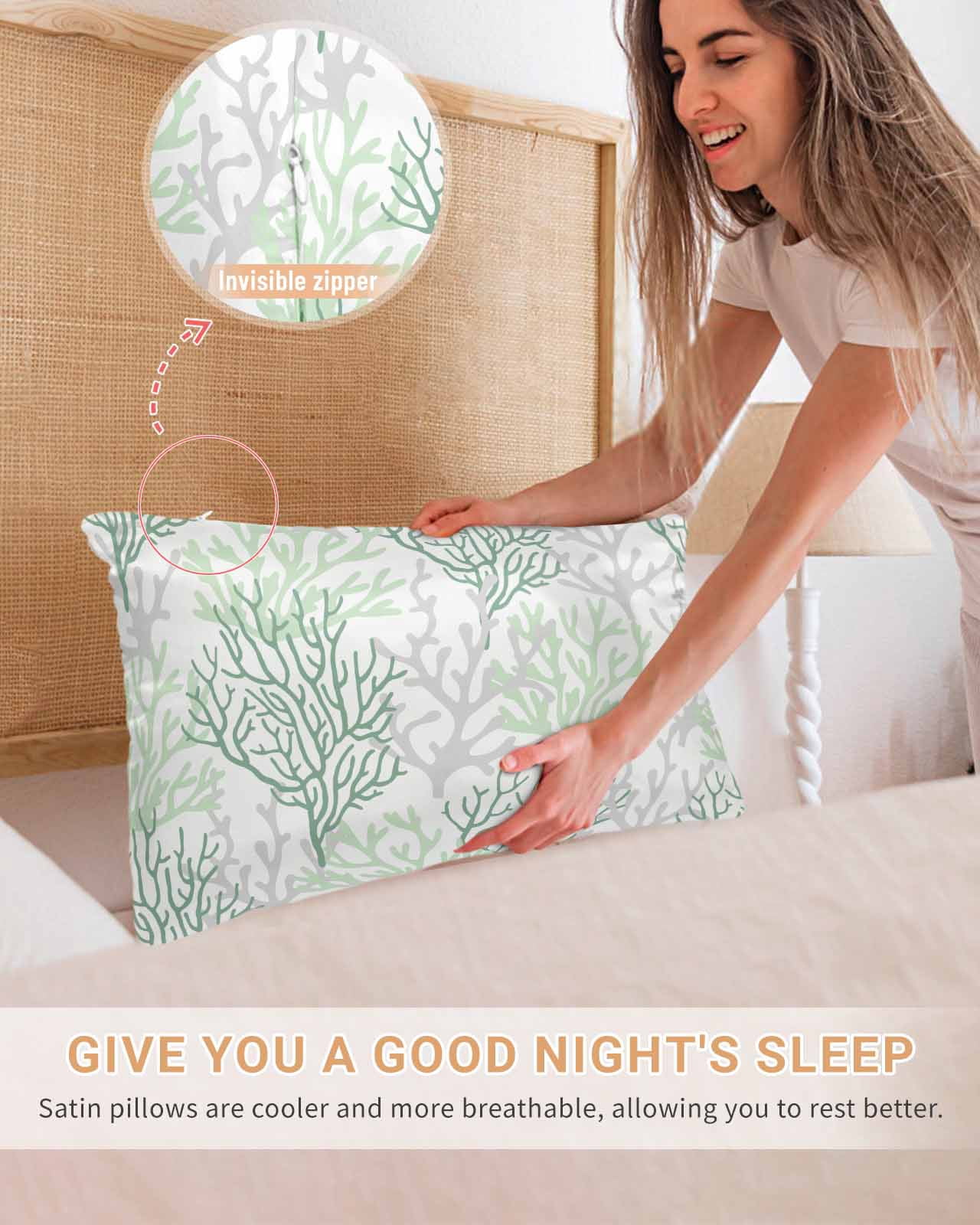 Sage Green Coral Coastal Pillow Cases Queen Size Set of 2, Smooth Satin Pillowcase for Hair and Skin, Summer Beach Seaside Nautical Decorative Cooling Bed Pillow Covers with Zipper, 20x30 Inches