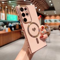 Magnetic Case for Samsung Galaxy S23 Ultra Compatible with MagSafe, Luxury Cute Plating Love Heart Side Edge Small Love Pattern for Women Girls Soft TPU with Camera Lens Protection Case, Pink