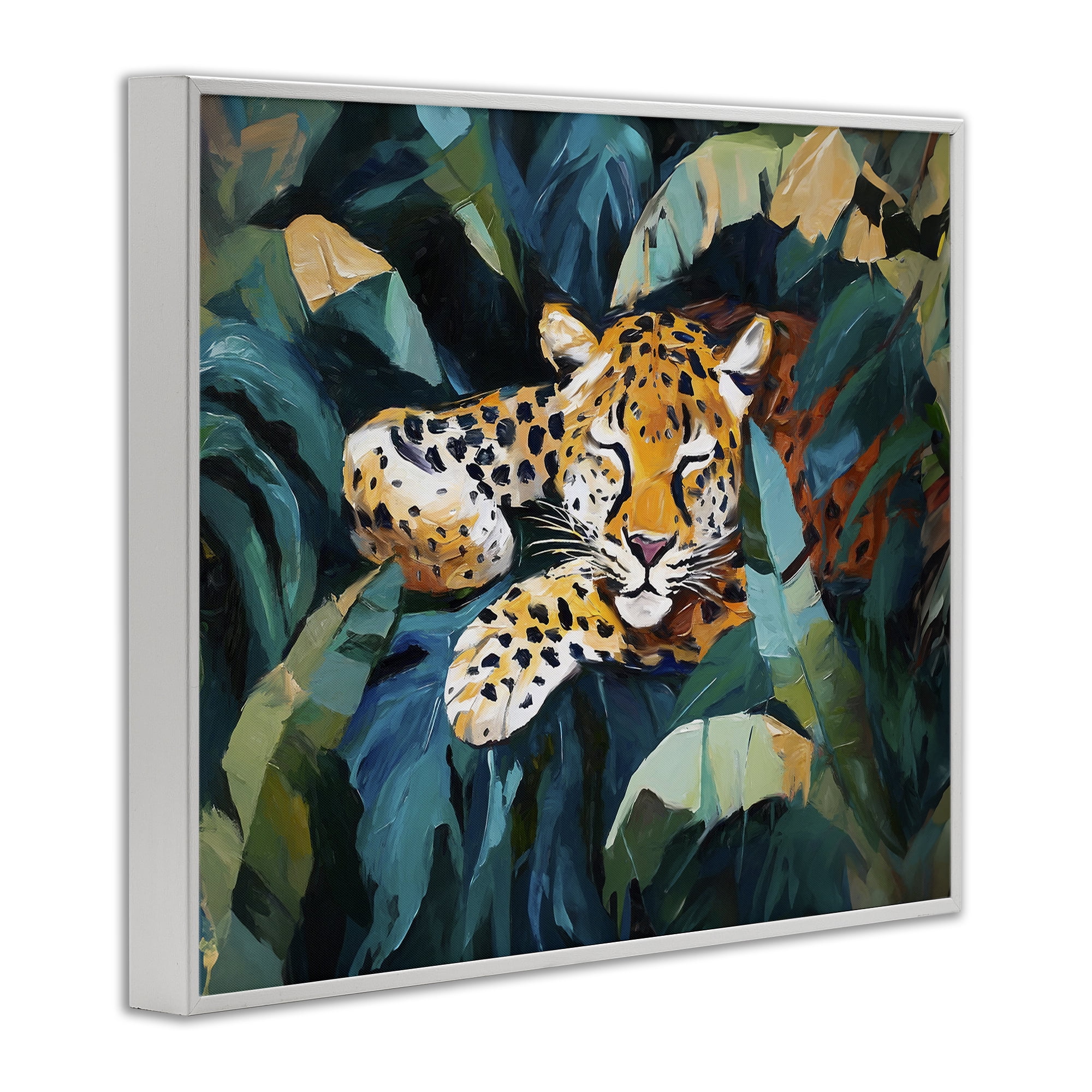 Stupell Industries Leopard Sleeping in Leaves Animals & Insects Painting White Framed Art Print Wall Art, 20 x 16