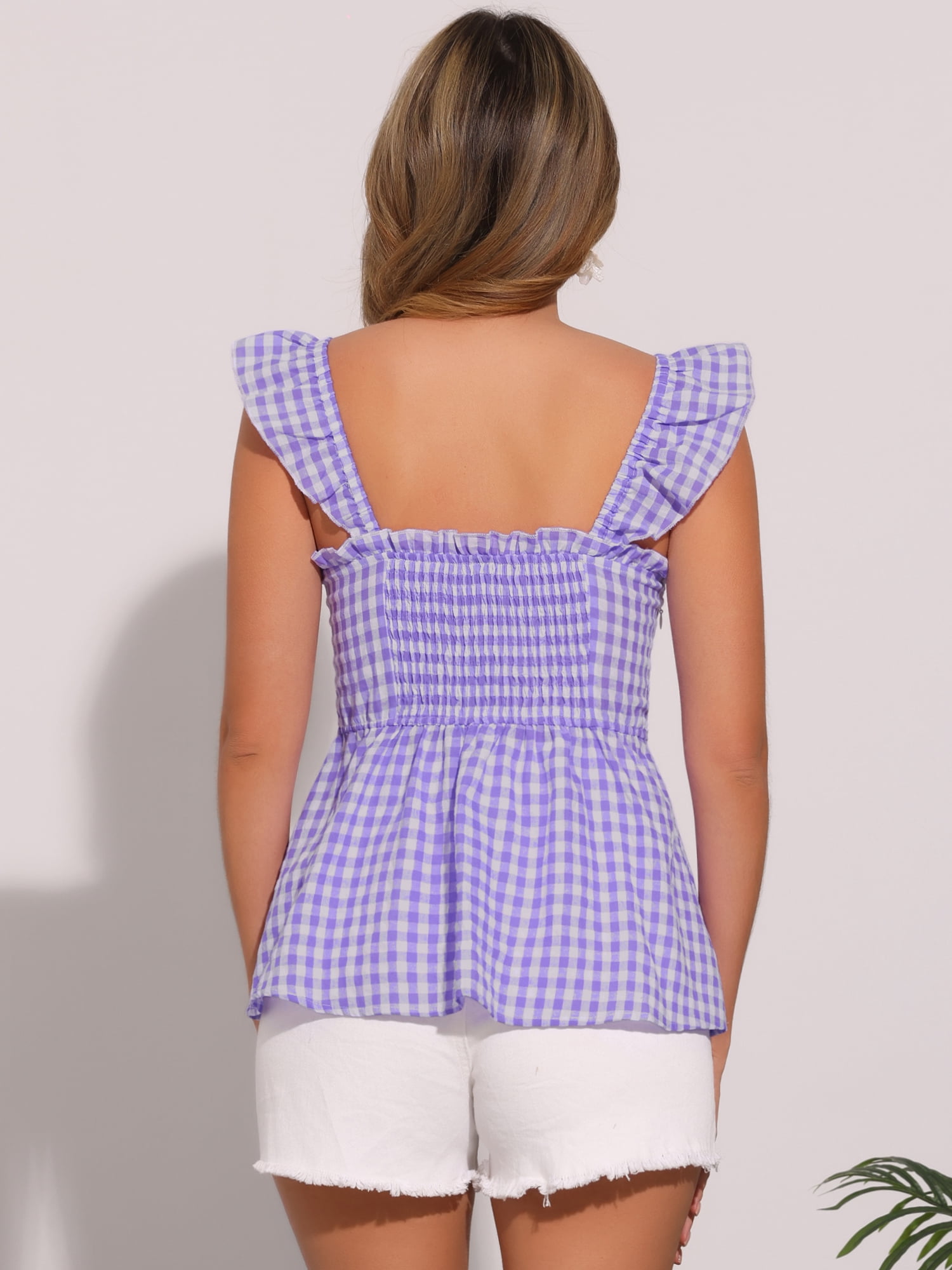 DARING DIVA Women's Gingham Peplum Square Neck Sleeveless Plaid Blouse XL Purple