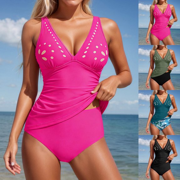 HUAXUN Womens Tankini Swimsuits,Sleeveless Deep V Neck Fashion Hollow Out Print Tie Side 2 Piece Tankini Swimsuit(Hot Pink,M)