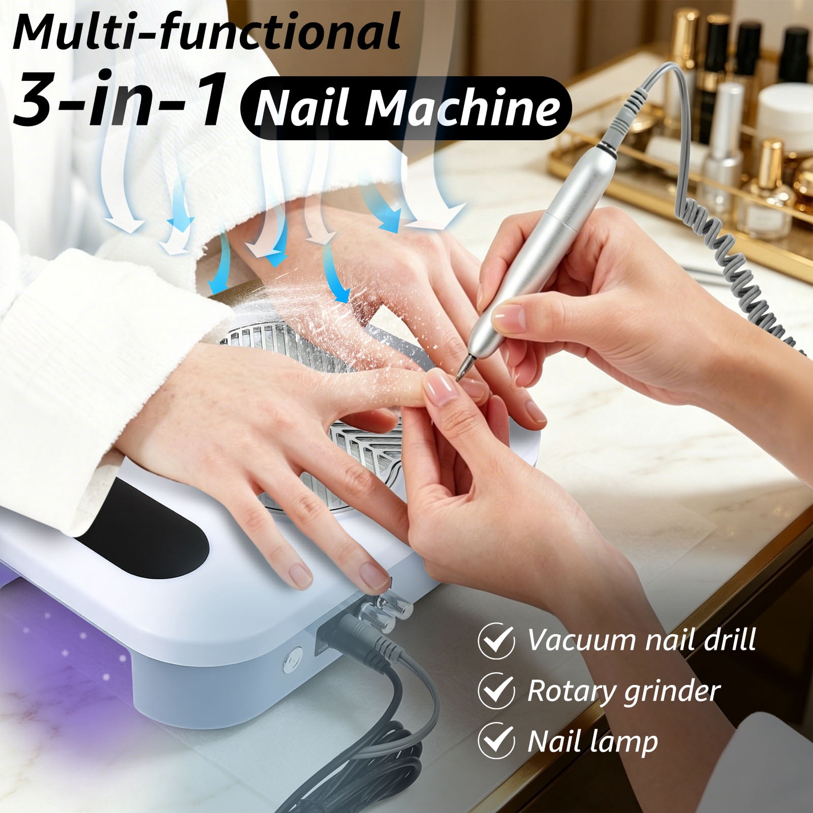 Threns 3 in 1 Nail Dust Collector with Curing Lamp, Professional Electric Nail Drill Bits Efile Kit with Nail Dust Collector, Nail Dust Vacuum High Suction for Home Salon