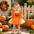 thumbnail image 4 of RMGVDSD My First Halloween Pumpkin Bowknot Mesh Romper Dress Baby Girls Sleeveless Bodysuits with Headband Holiday Cute Clothes, 4 of 6
