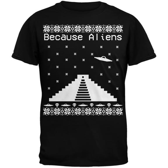 Because Aliens Pyramid Ugly Christmas Sweater Black Adult T-Shirt - Medium