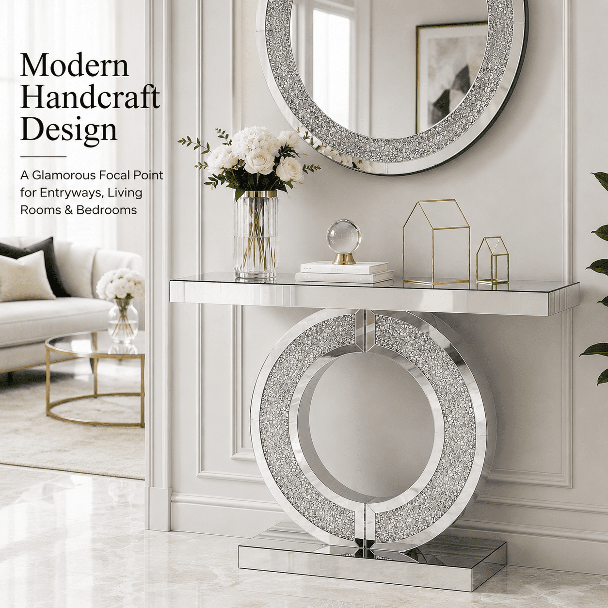 Aukfa 43" Mirrored Console Table, O-Shaped Crystal Inlay Entryway Table with Beveled Edges,Silver