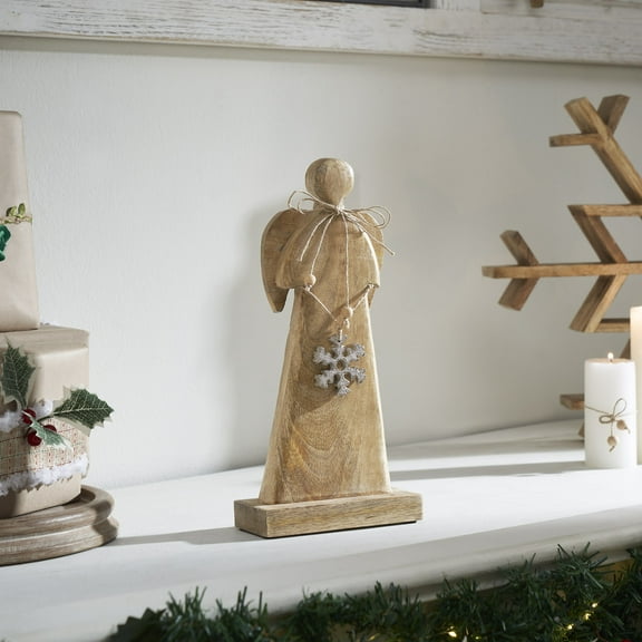VHC Brands Metal Snowflake Natural Wooden Angel 12x5.75x2.5