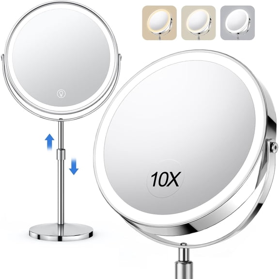 Adjustable LED Vanity Mirror, 1X/10X Magnification, 360° Rotation, 3 Color Modes, Rechargeable, For Makeup & Skincare