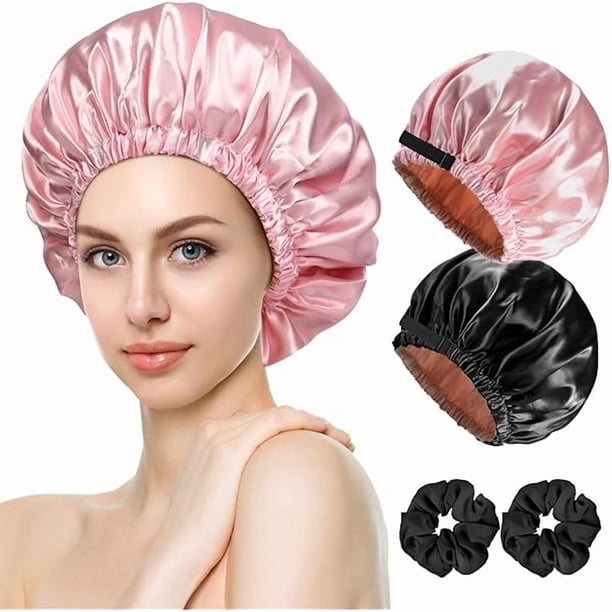 wonima11 2pcs Satin Bonnet,Silk Bonnet,Hair Bonnet For Sleeping Women,Double Layer Bonnet With Adjustable Band,Sleeping Bonnet For Curly Hair (Black, Pink)
