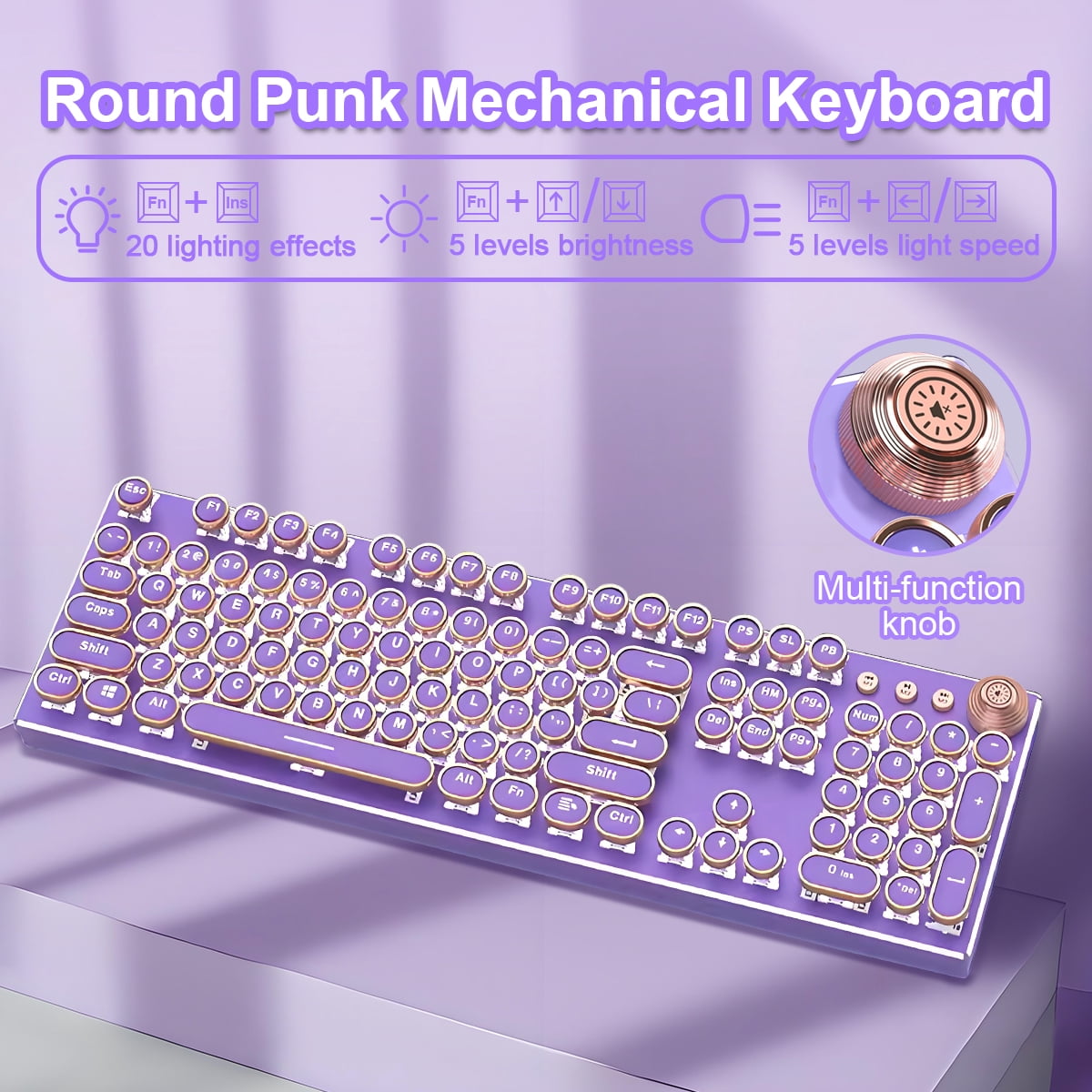 Hnjugfe Typewriter Style Mechanical Gaming Keyboard, Wired Mechanical Keyboards,104 Keys Backlit LED Keyboards, Media Control Knob, Wired Computer Keyboard Pink Switch for Windows/Mac/PC-Purple