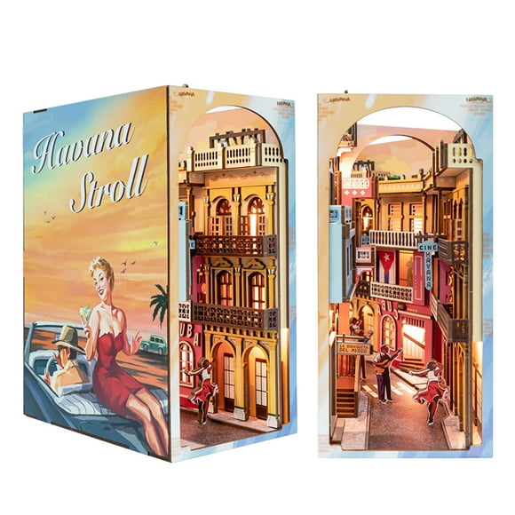 DIY BOOK NOOK Shelf Insert Kits Havana Stroll Wooden Miniature DollHouse with Furniture LED Toys Gifts YS08