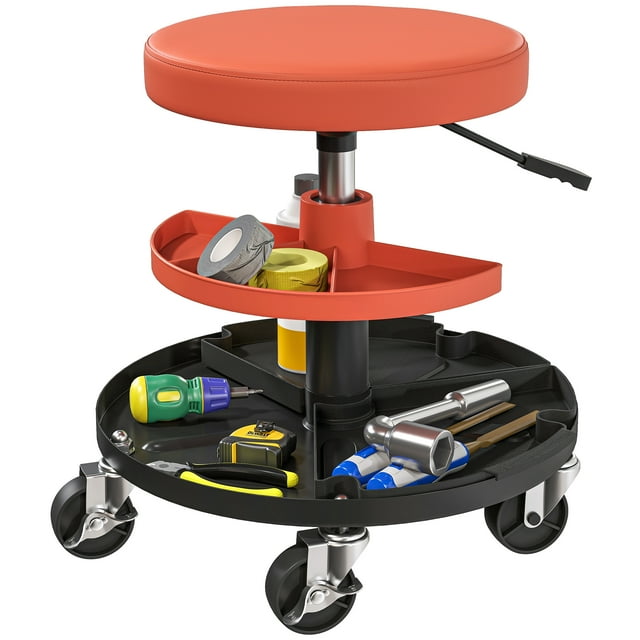 HOMCOM Tabouret de Mécanicien Roulant, Tabouret de Garage Capacité de 300 Lb, Orange Corail