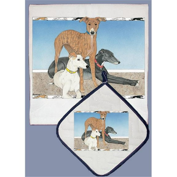 Pipsqueak Productions DP867 Dish Towel and Pot Holder Set - Greyhound Trio