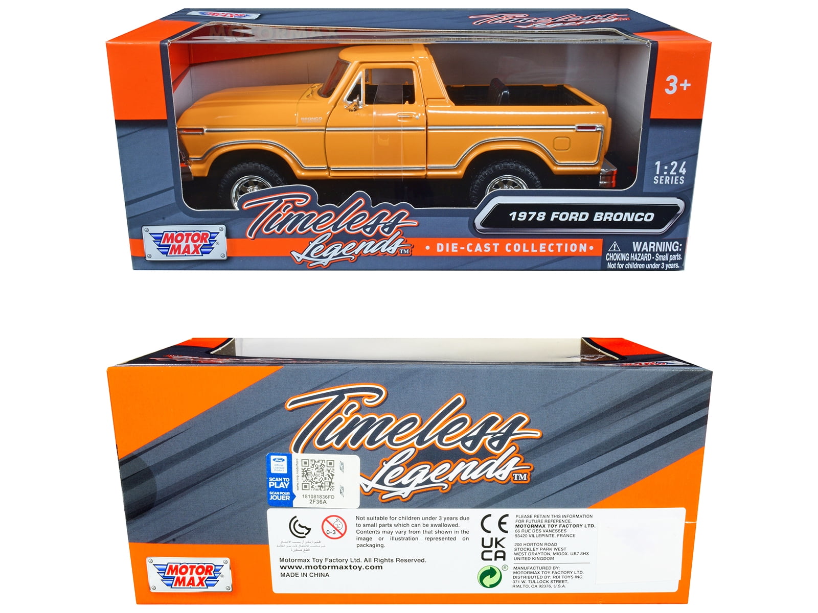 1978 Ford Bronco Custom (Open Top) Yellow with "Timeless Legends" Series 1/24 Diecast Model Car by Motormax
