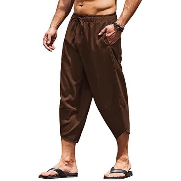 COOFANDY Men's Linen Harem Capri Pants Lightweight Loose 3/4 Shorts Drawstring Elastic Waist Casual Beach Yoga Trousers