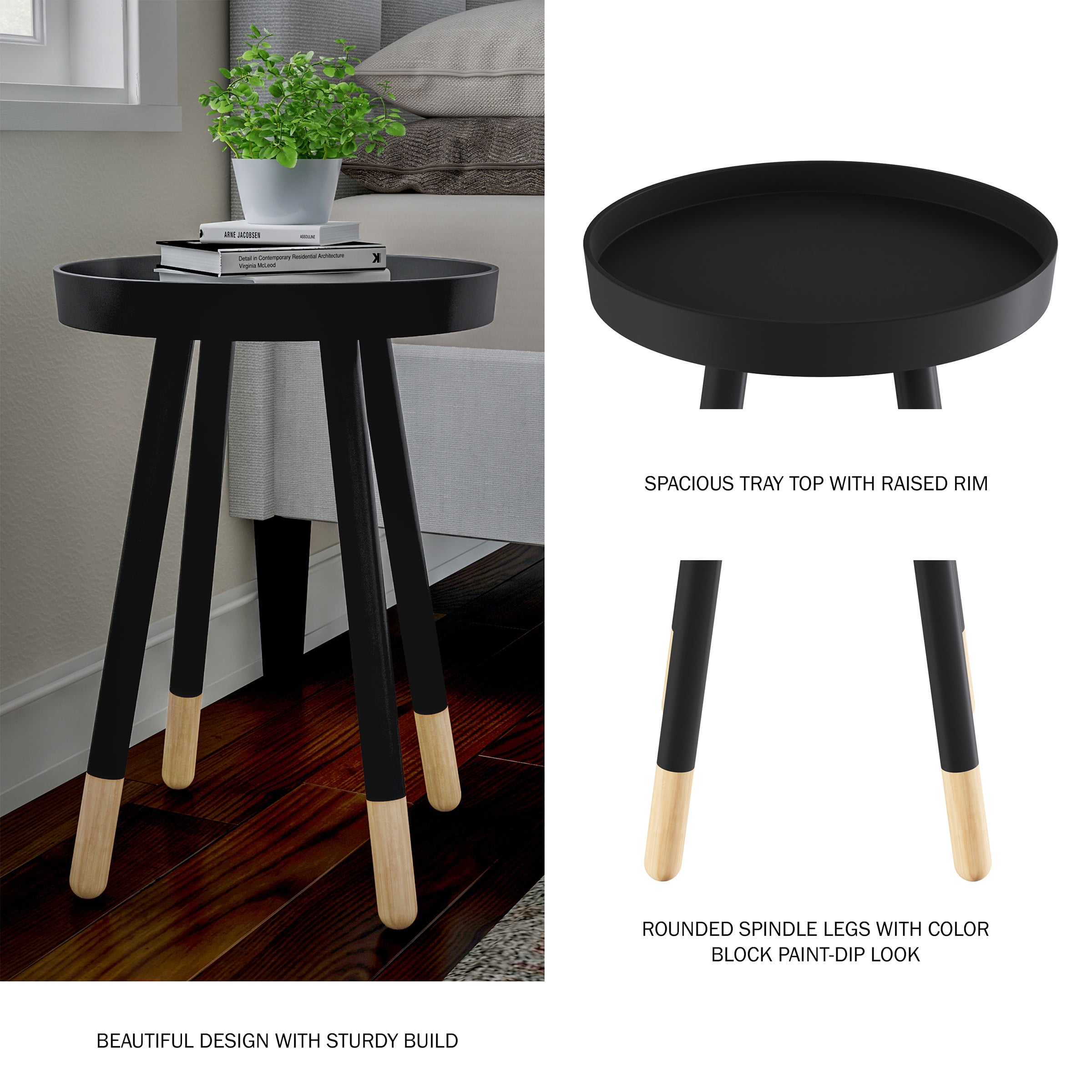 Lavish Home Round Side Table – Modern Wooden Stand with Tray Lavish Home Round Side Table – Modern Wooden Stand with Tray