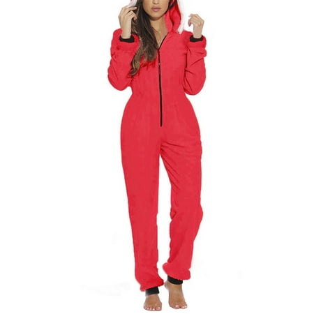 

Aunavey Women One Piece Fleece Pajamas Jumpsuit Hooded Fuzzy Warm Romper Sleepwear