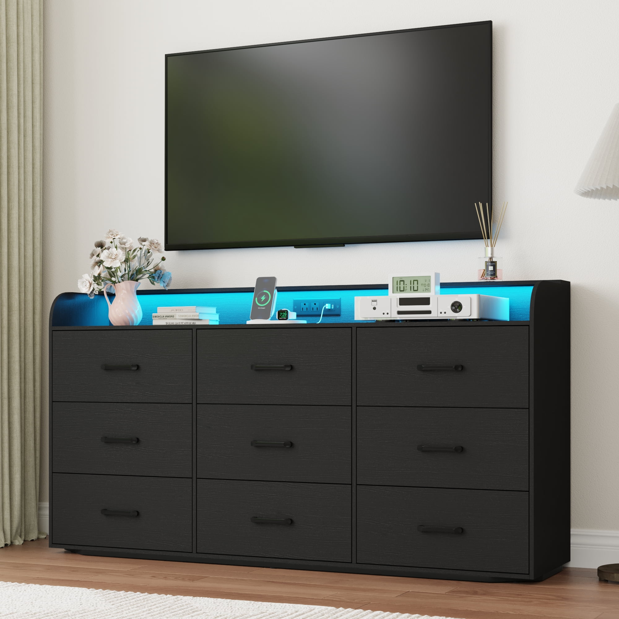 9 Drawer Dresser for Bedroom, 63" Large Long Wood dresser with Power Outlet, LED Light and Deep Big Drawers, Modern Minimalist Black Dresser Wide Chest of Drawers for Bedroom, Living Room