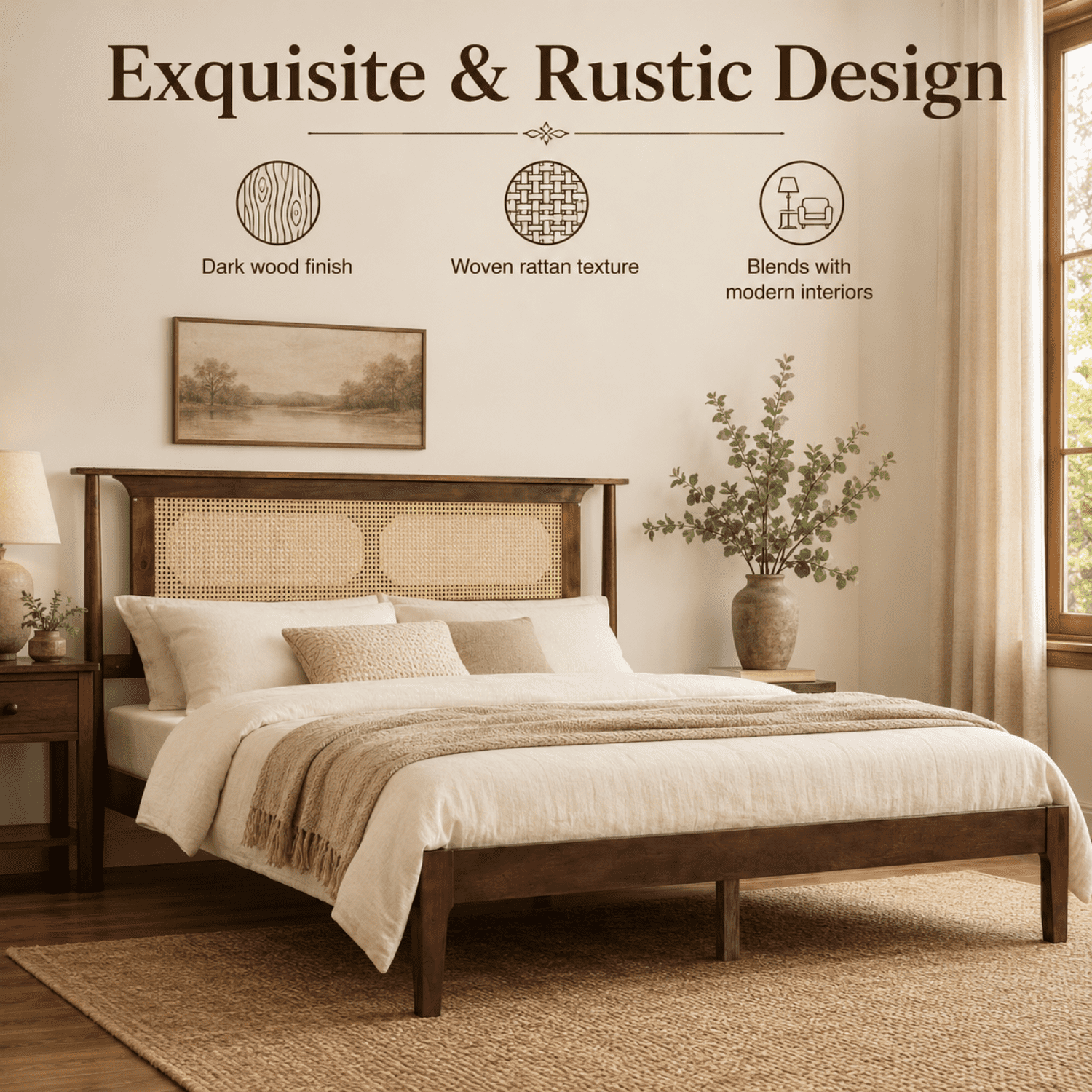 Miniyam Queen Bed Frame with PE Rattan Headboard, Pine Platform Bed, Walnut