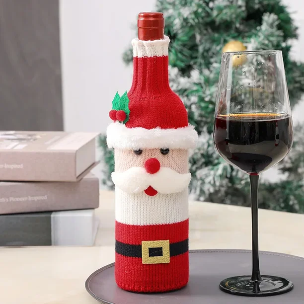 Funda de punto de Papá Noel para botella de vino, alce, muñeco de nieve, vino tinto, champán, paño para botella, decoración de Feliz Navidad, Feliz Año Nuevo, 2024
