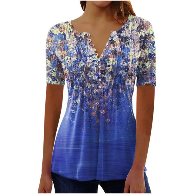 Pompotops Femmes Mode Décontractée Impression Col Rond en Vrac Manches Courtes T-shirt Top Chemisier Pull-Over Clair