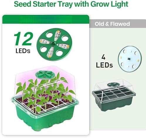 5 Packs Seed Starter Tray with Plant Light, Elevated Seedling Starter Trays Kits with Adjustable Humidity Domes and Clear Cell Tray, 12 Full Spectrum led lamp Beads for Plants Indoor-Green
