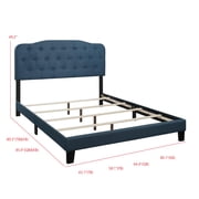 Home Design Carmel Upholstered King Panel Bed Frame with Curved Tufted Headboard and Padded Seat, Blue, Easy assembly
